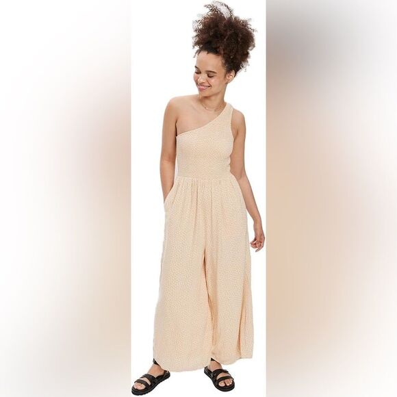 American Eagle Pale Goldenrod Yellow Cream Floral One Shoulder Jumpsuit Small - Picture 1 of 6